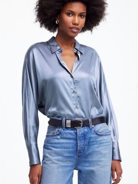 NWT Madewell Dolman Satin Button-Front Shirt in Steel Blue - M